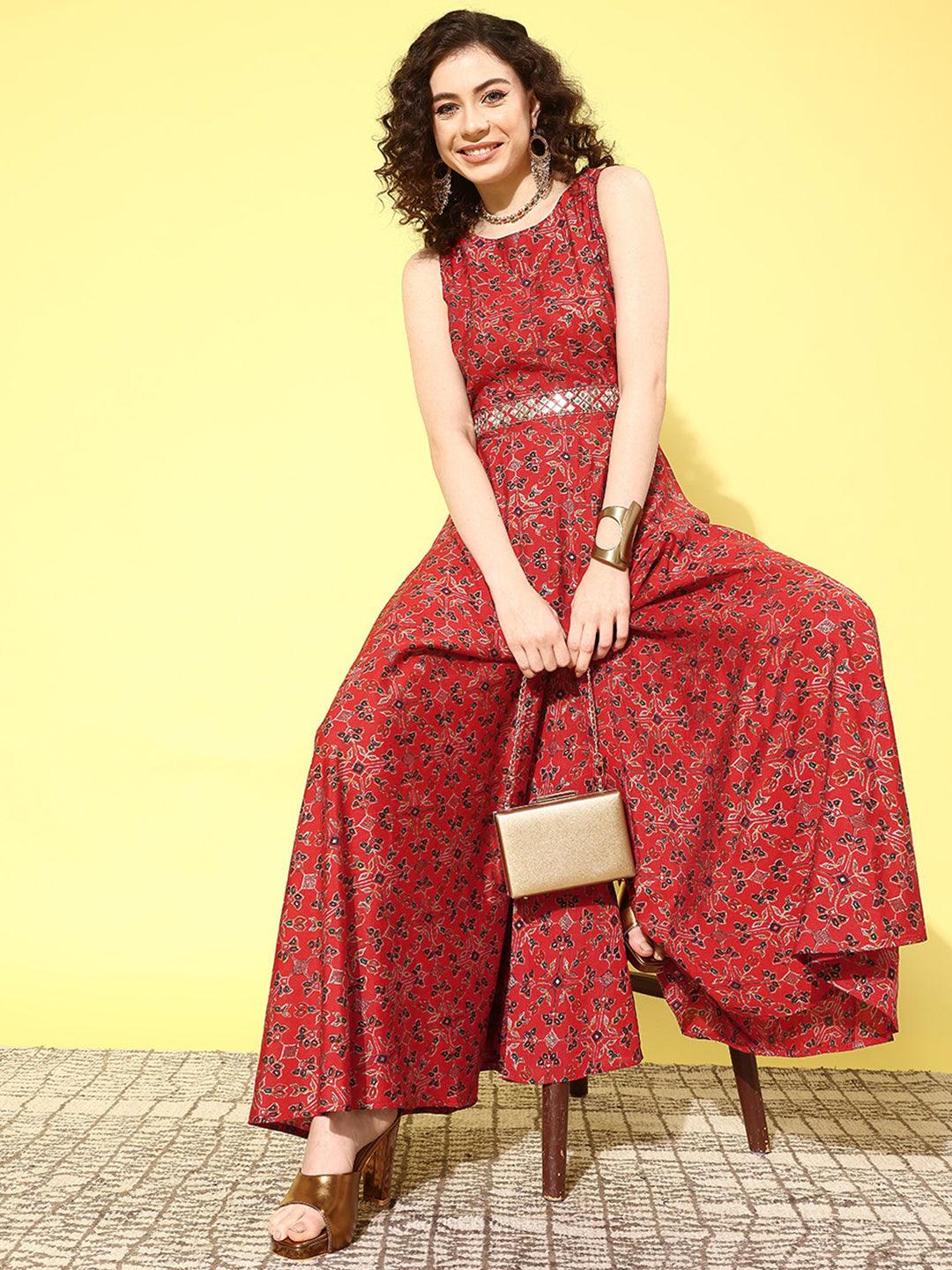 Red Printed Silk Blend Jumpsuit With Belt