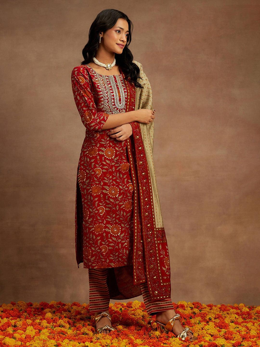 Red Printed Silk Blend Kurta With Trousers & Dupatta - Libas