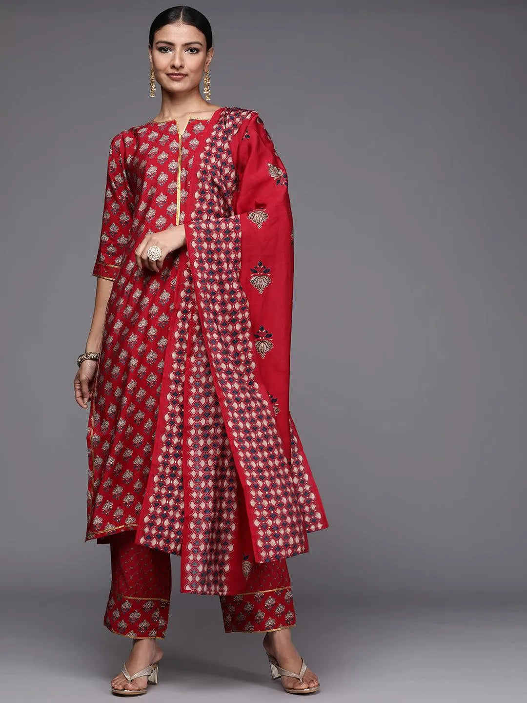 Red Printed Silk Blend Straight Suit Set - Libas