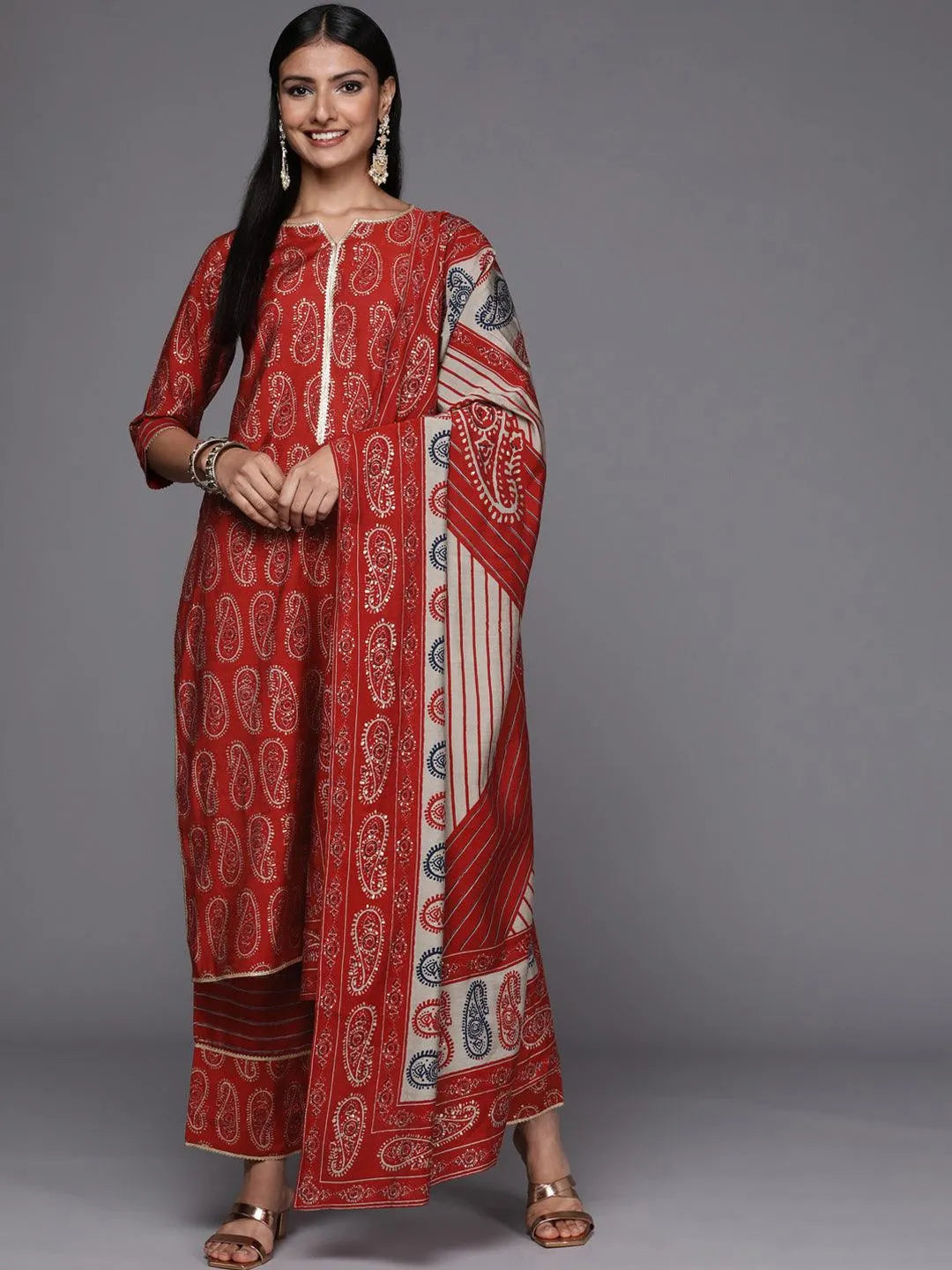 Red Printed Silk Blend Straight Suit Set - Libas 