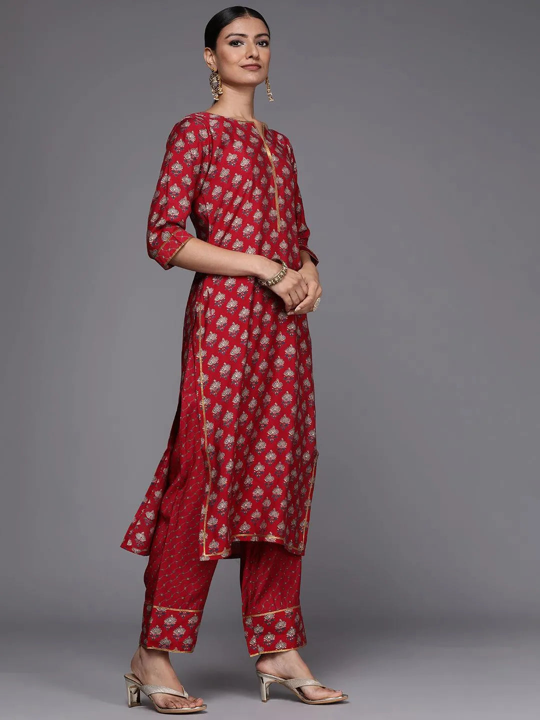 Red Printed Silk Blend Straight Suit Set - Libas 