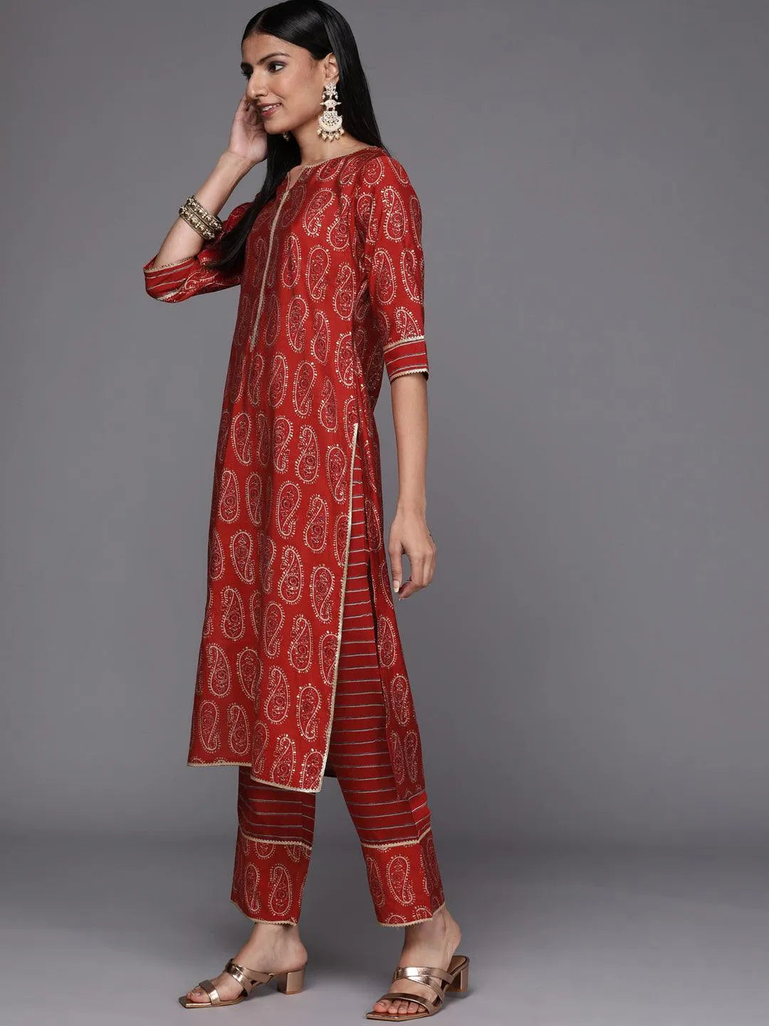 Red Printed Silk Blend Straight Suit Set - Libas 