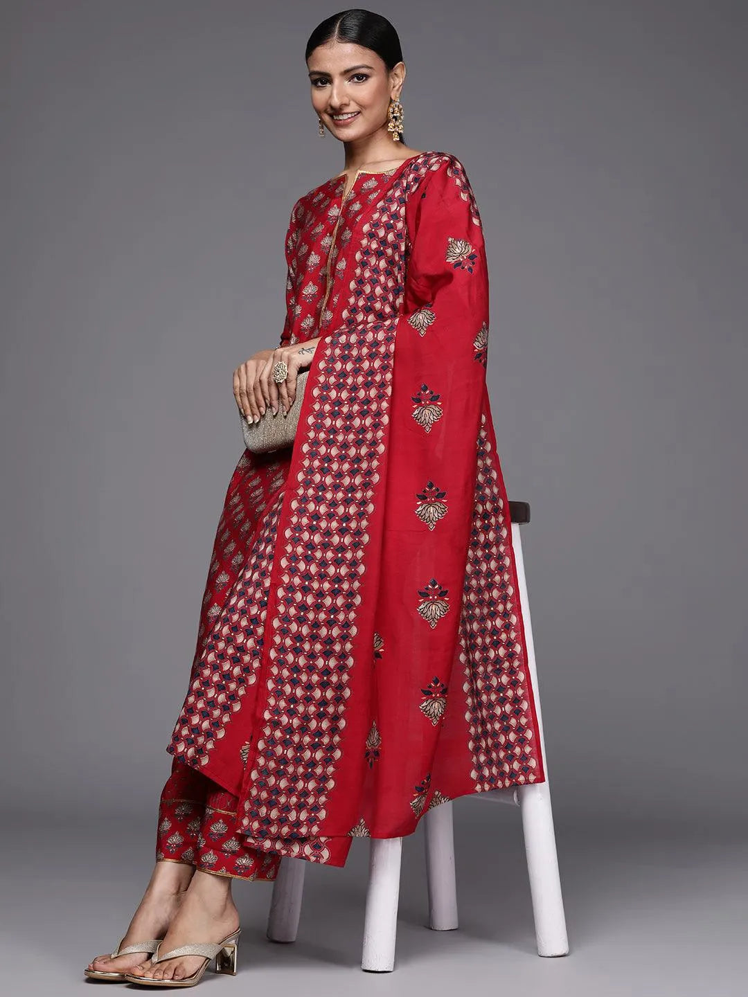 Red Printed Silk Blend Straight Suit Set - Libas 