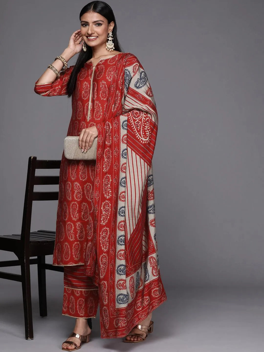 Red Printed Silk Blend Straight Suit Set - Libas 