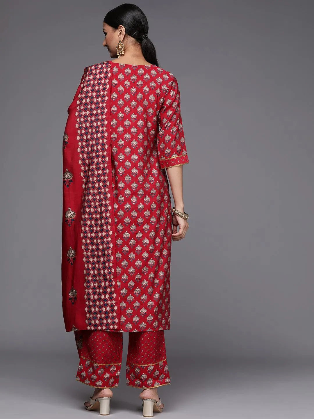 Red Printed Silk Blend Straight Suit Set - Libas 