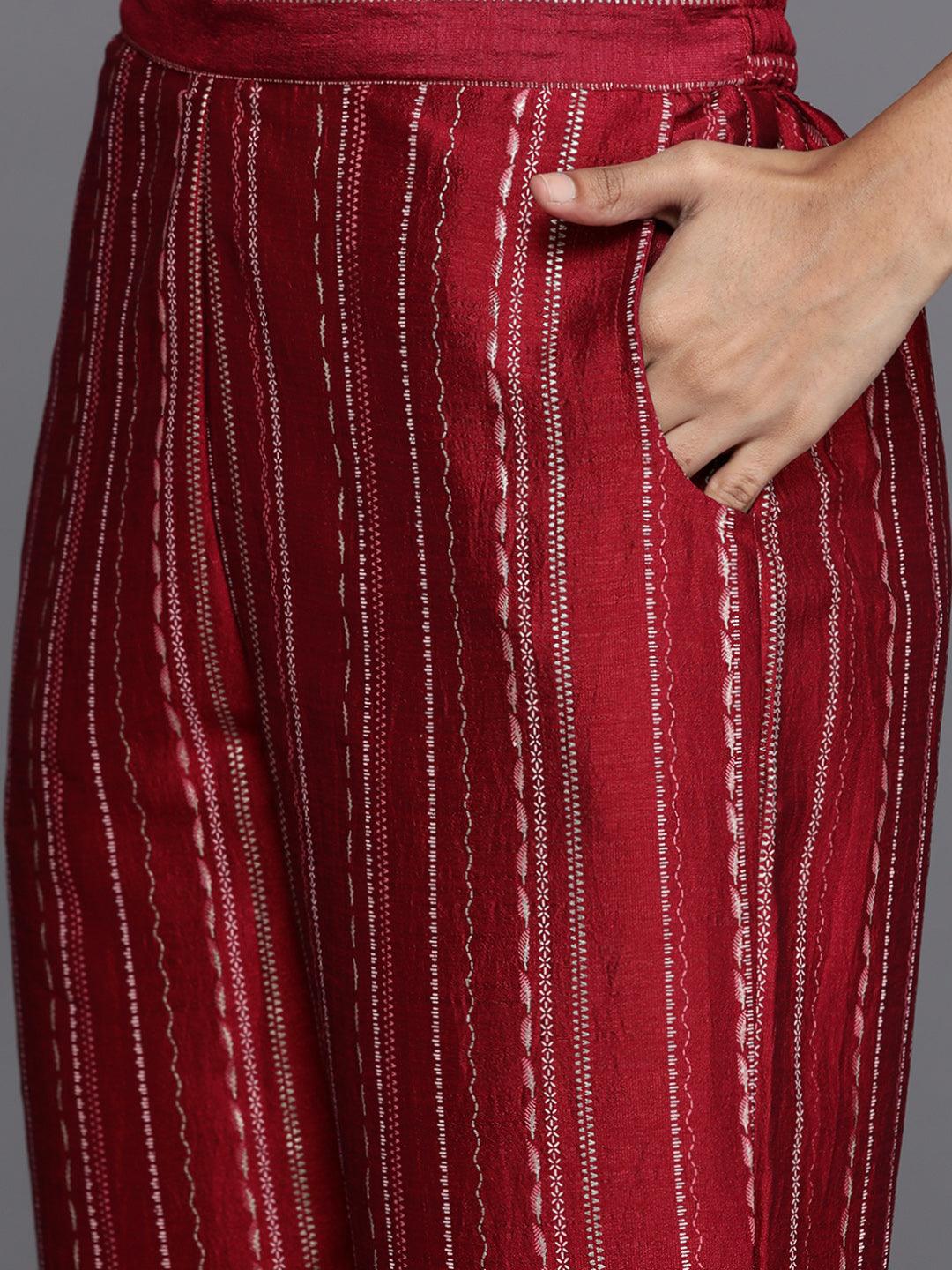 Red Printed Silk Blend Straight Kurta With Dupatta