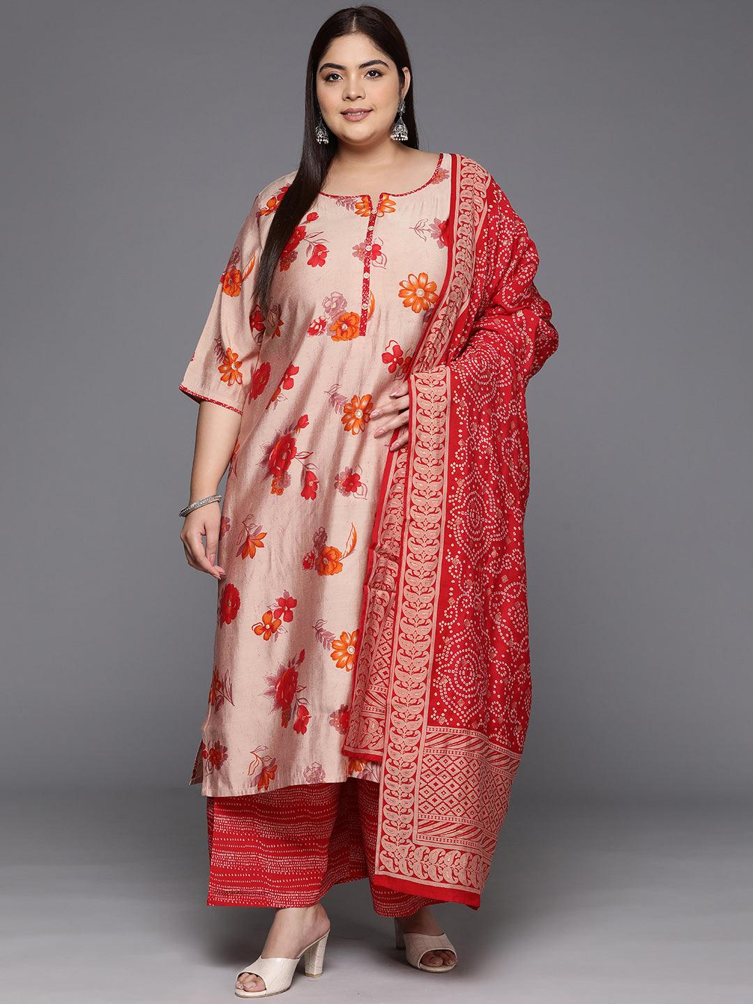 Red Printed Silk Blend Straight Kurta With Palazzos & Dupatta - Libas