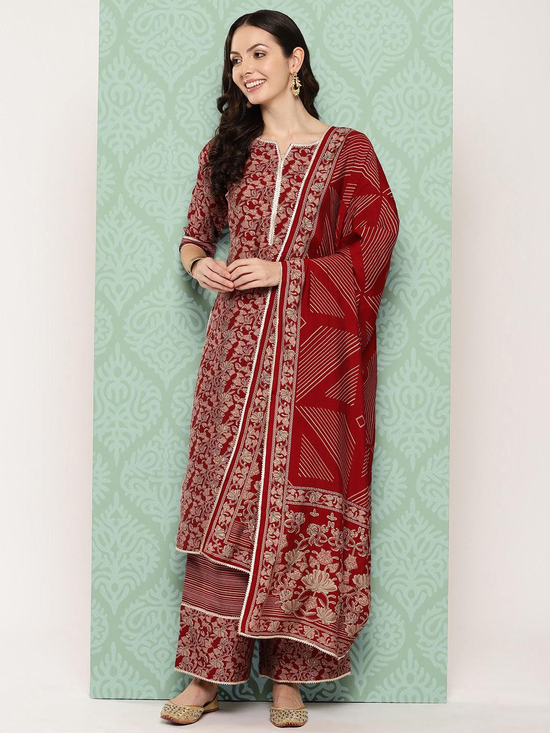 Red Printed Silk Blend Straight Kurta With Palazzos & Dupatta - Libas