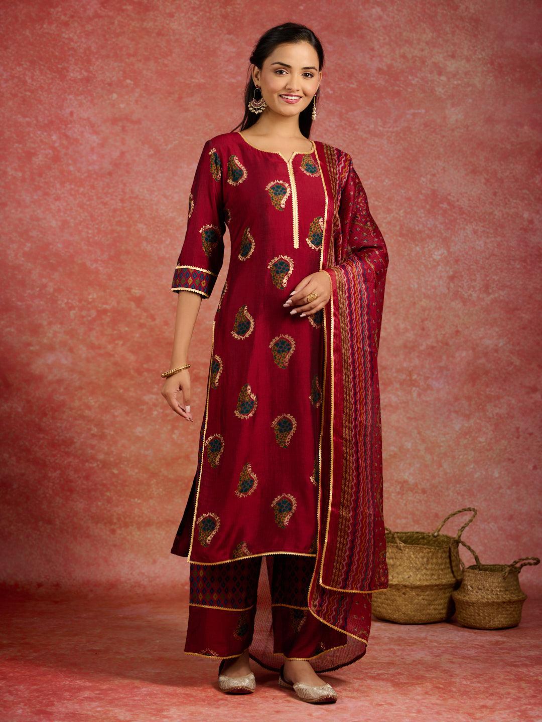 Red Printed Silk Blend Straight Kurta With Palazzos & Dupatta - Libas 