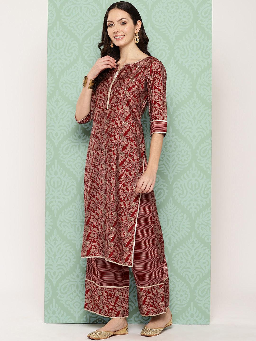 Red Printed Silk Blend Straight Kurta With Palazzos & Dupatta - Libas