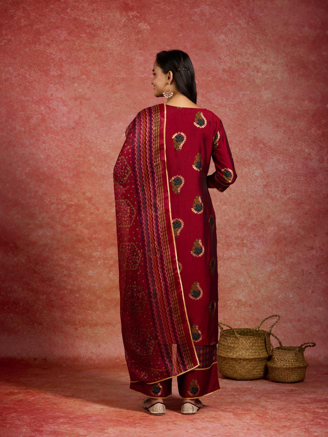 Red Printed Silk Blend Straight Kurta With Palazzos & Dupatta - Libas 