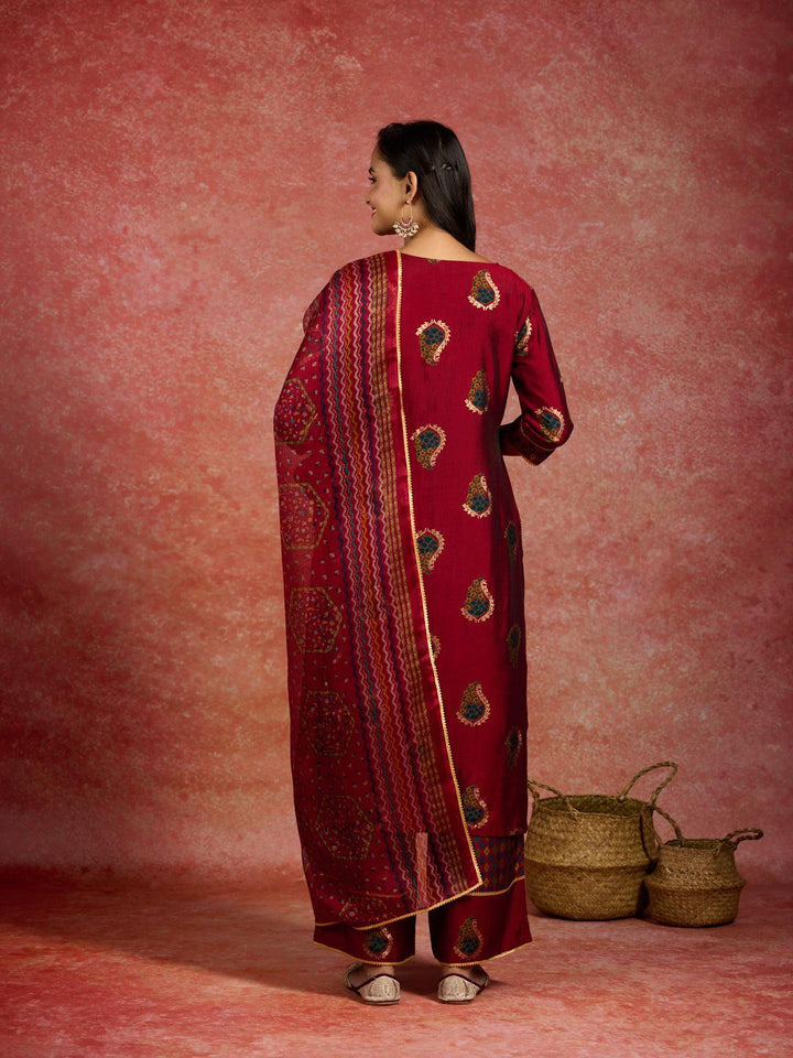 Red Printed Silk Blend Straight Kurta With Palazzos & Dupatta - Libas