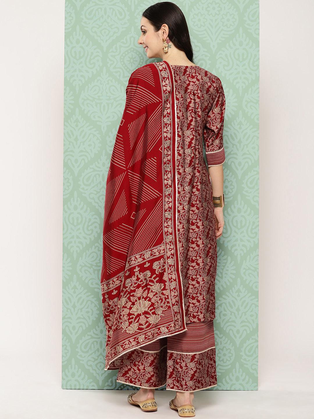 Red Printed Silk Blend Straight Kurta With Palazzos & Dupatta - Libas