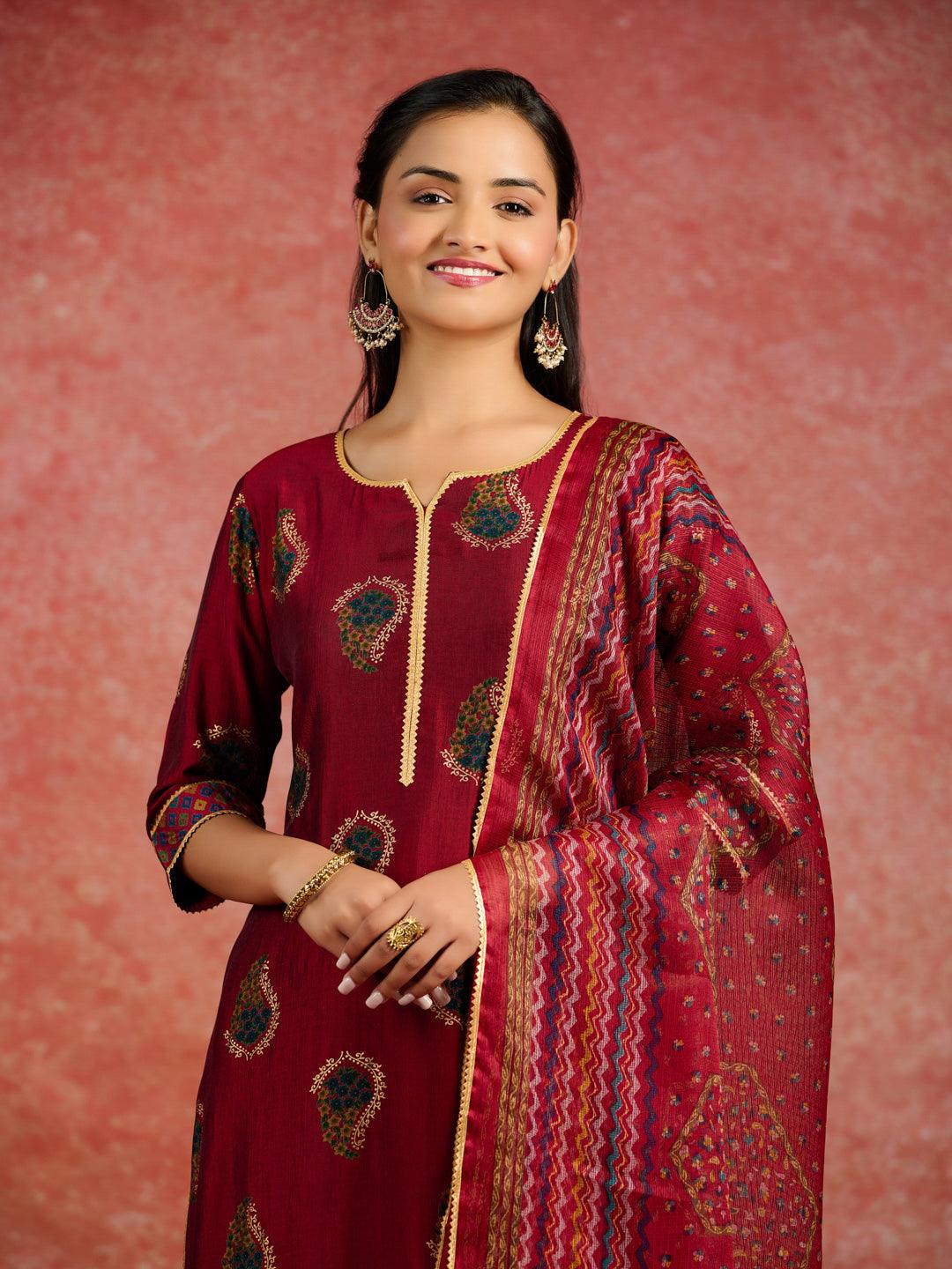 Red Printed Silk Blend Straight Kurta With Palazzos & Dupatta - Libas 