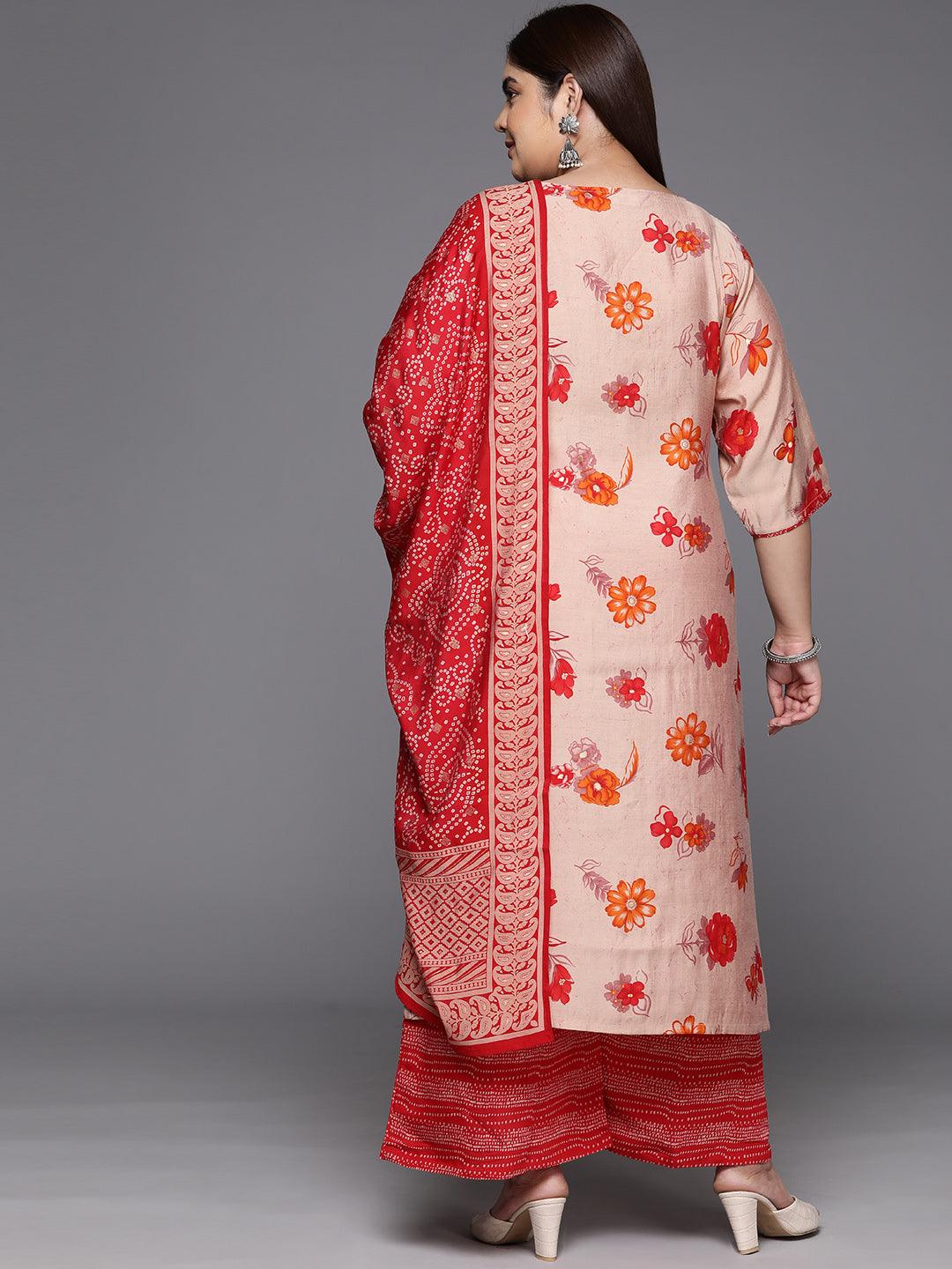 Red Printed Silk Blend Straight Kurta With Palazzos & Dupatta - Libas