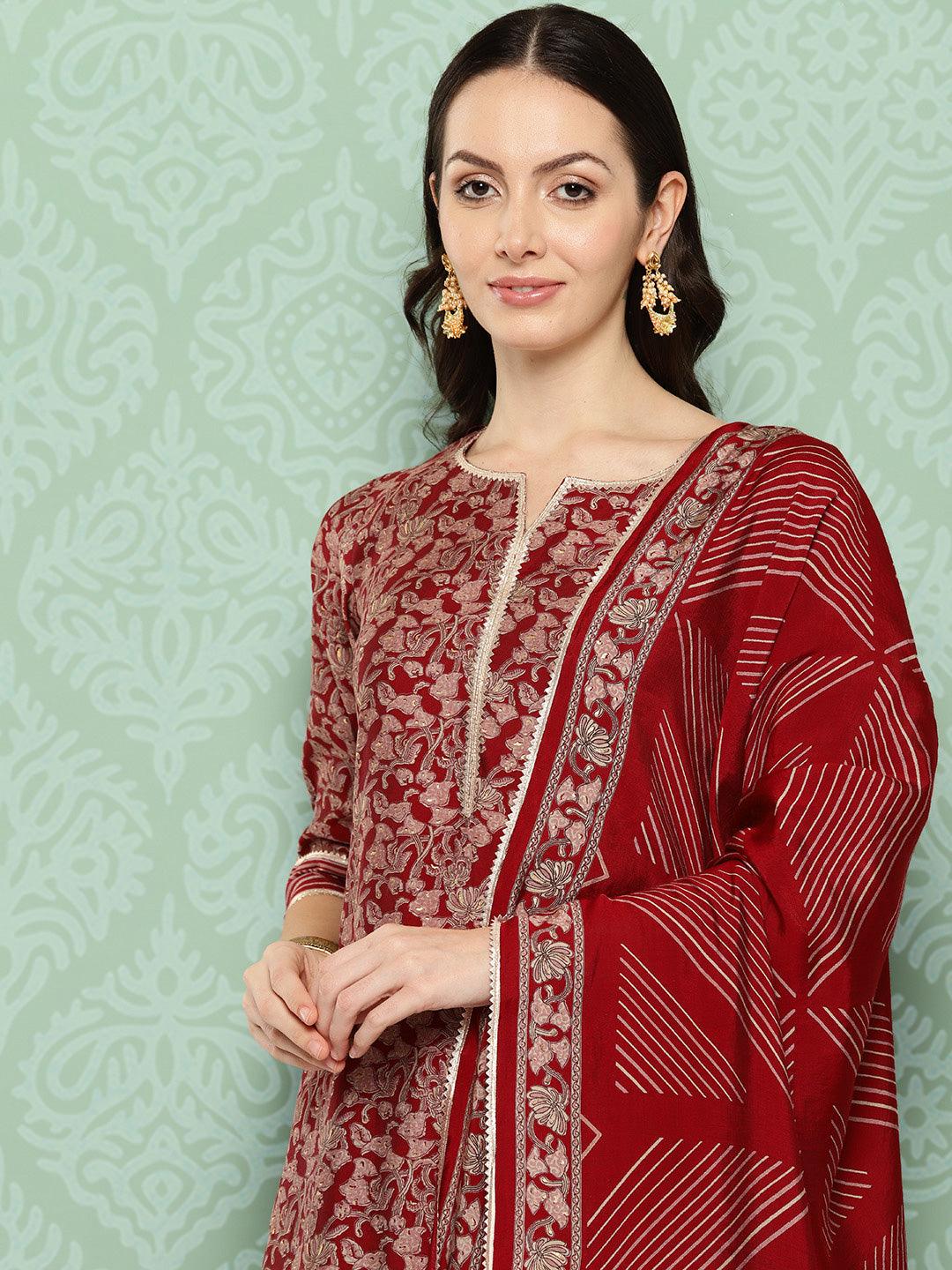 Red Printed Silk Blend Straight Kurta With Palazzos & Dupatta - Libas