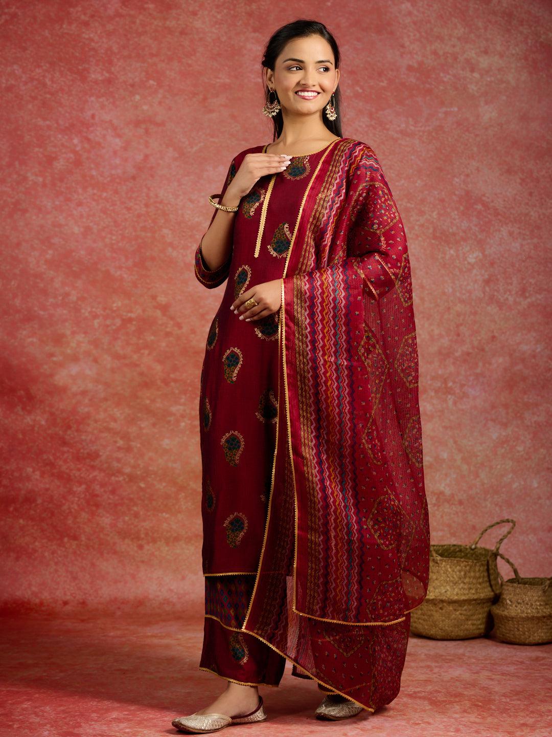 Red Printed Silk Blend Straight Kurta With Palazzos & Dupatta - Libas 