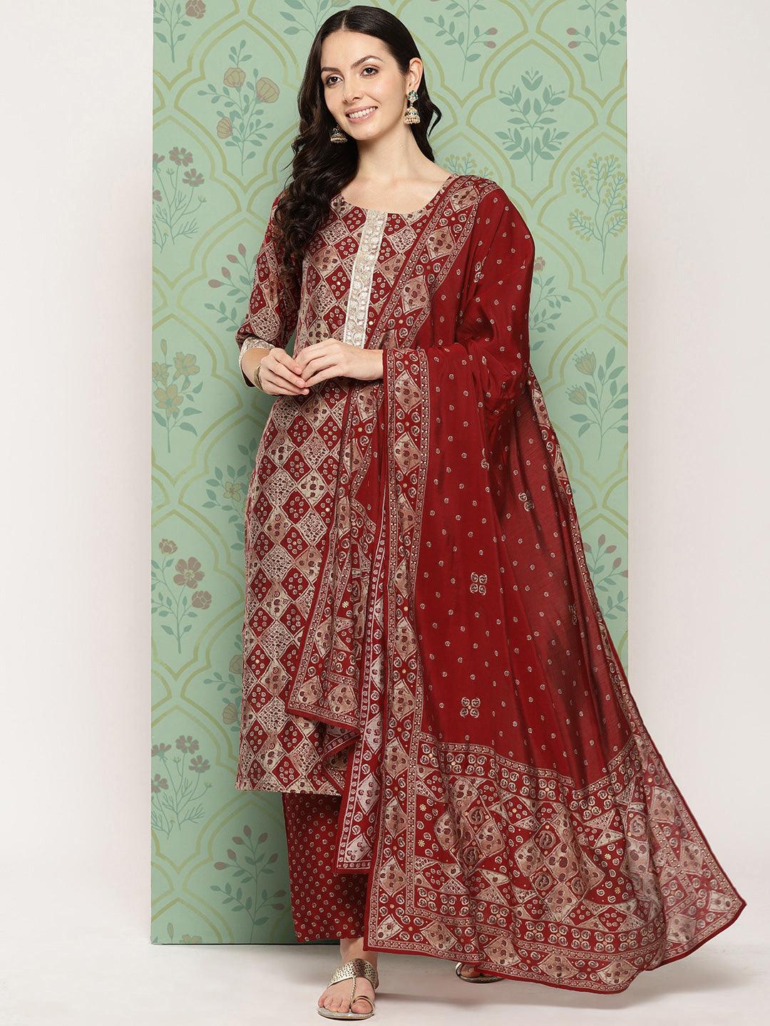 Red Printed Silk Blend Straight Kurta With Trousers & Dupatta - Libas