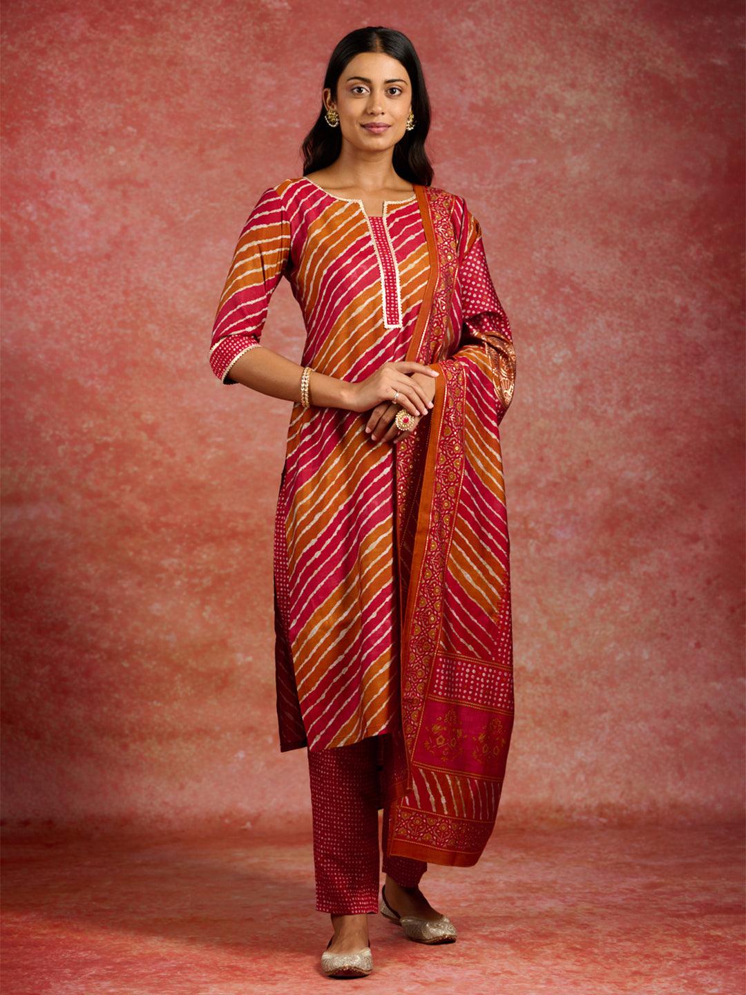 Red Printed Silk Blend Straight Kurta With Trousers & Dupatta - Libas