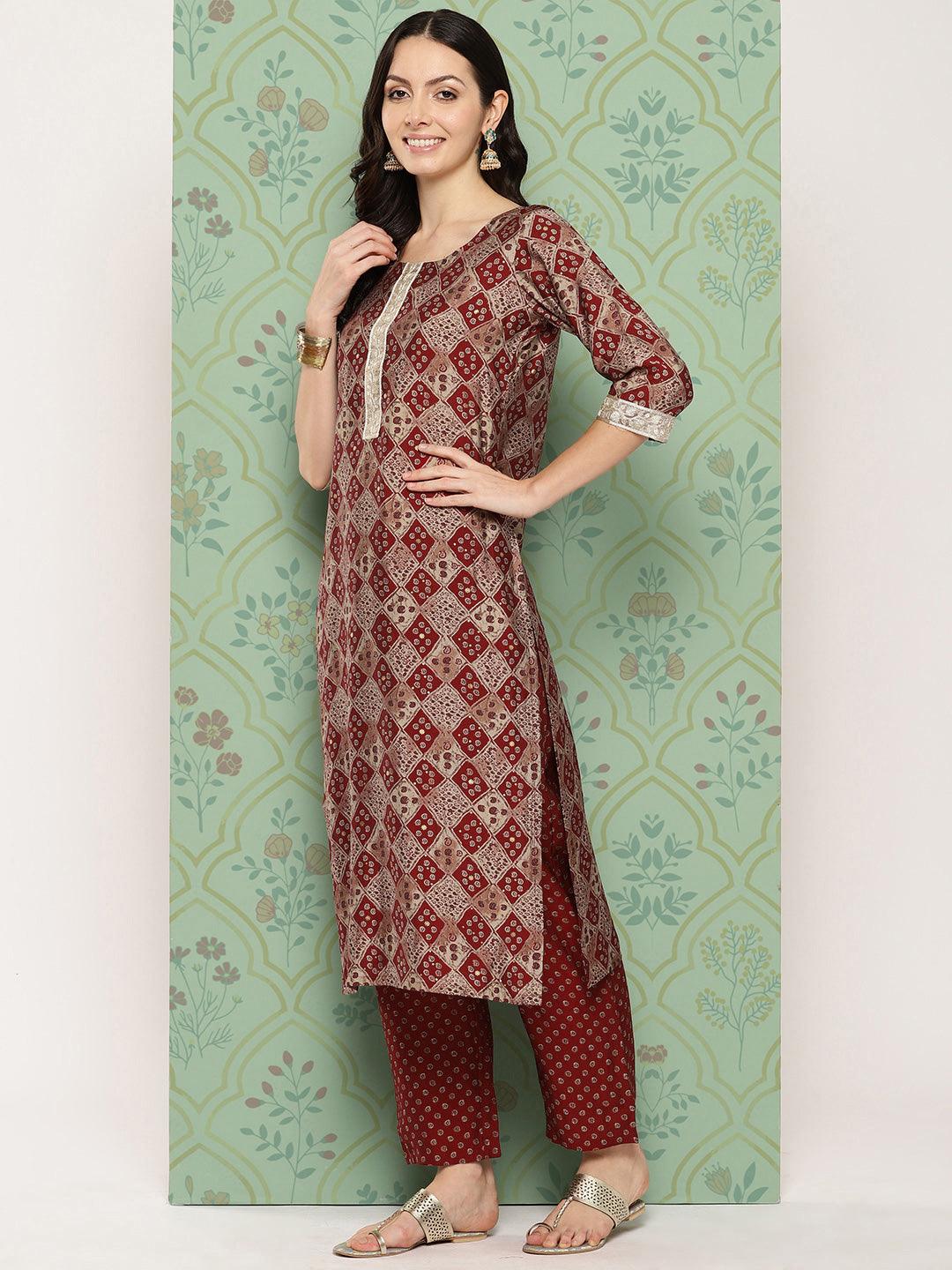 Red Printed Silk Blend Straight Kurta With Trousers & Dupatta - Libas