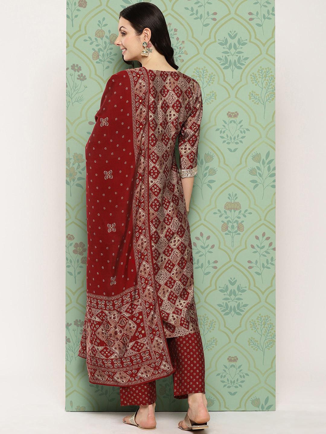 Red Printed Silk Blend Straight Kurta With Trousers & Dupatta - Libas 