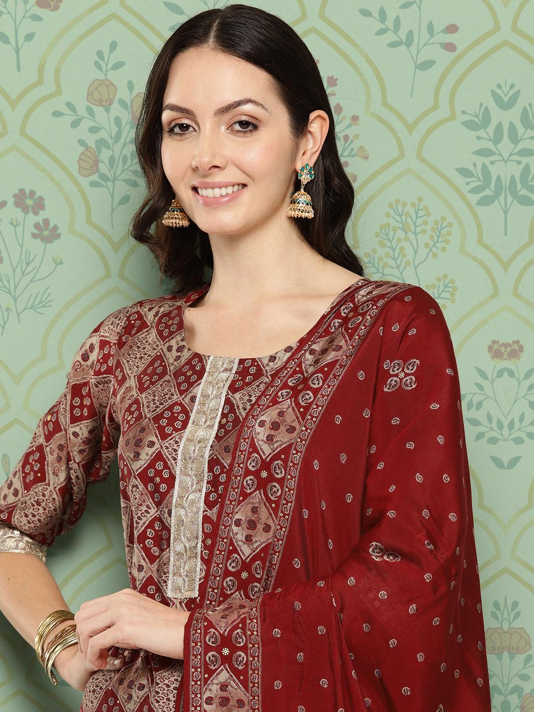 Red Printed Silk Blend Straight Kurta With Trousers & Dupatta - Libas 