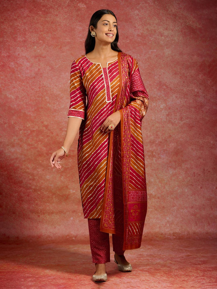 Red Printed Silk Blend Straight Kurta With Trousers & Dupatta - Libas