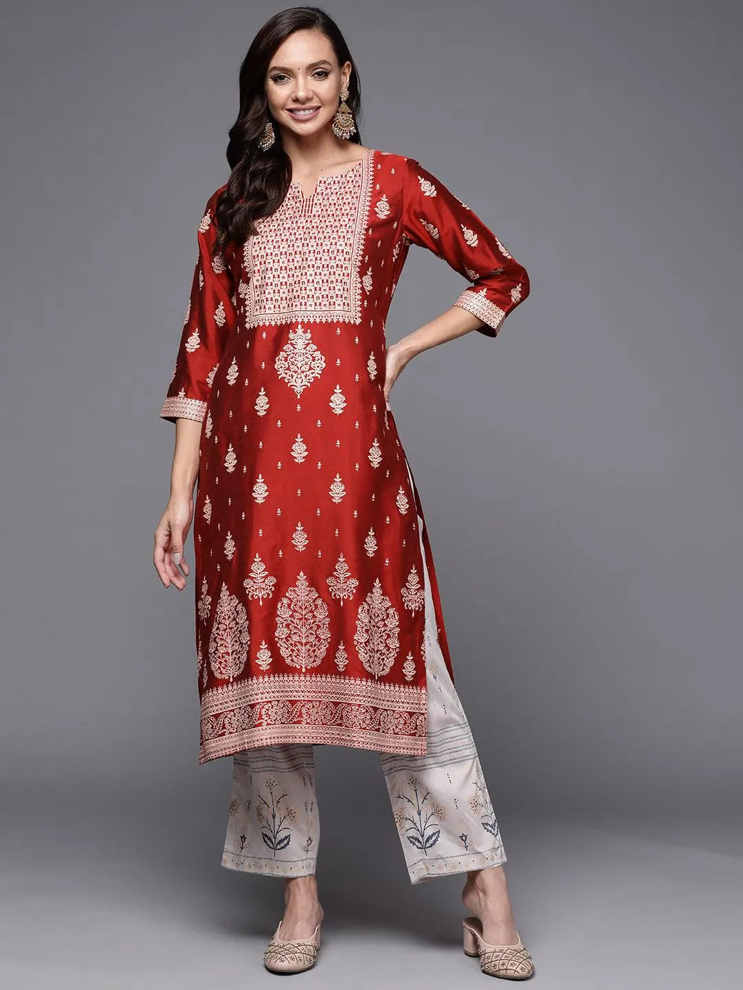 Red Printed Silk Straight Kurta - Libas 