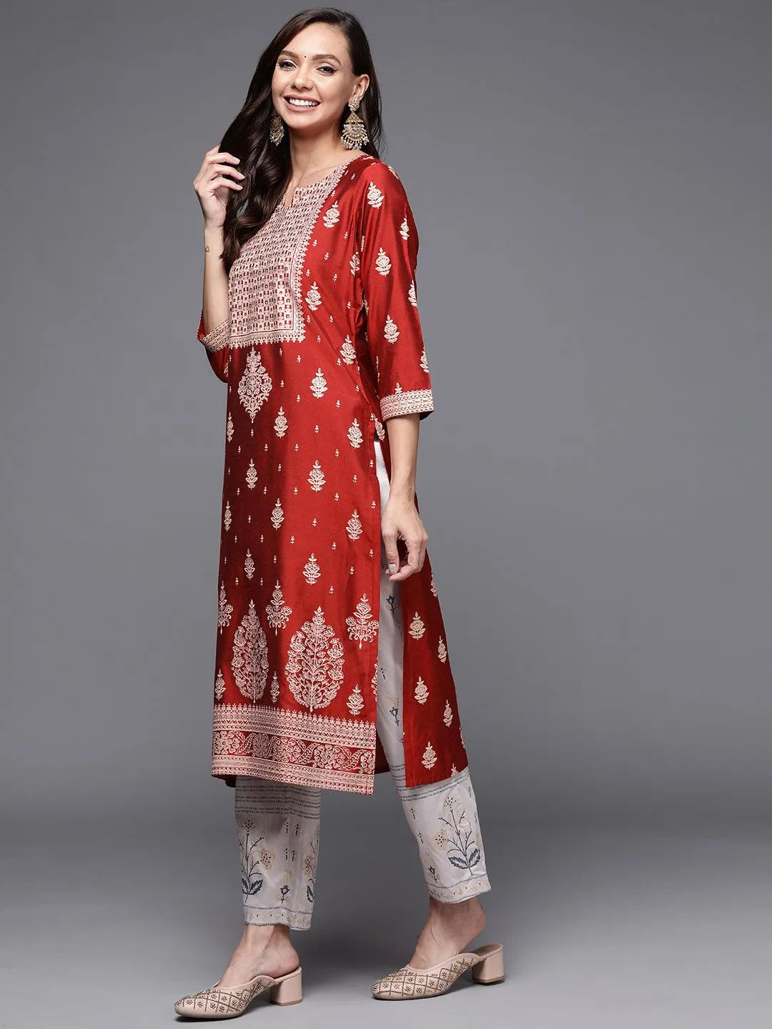 Red Printed Silk Straight Kurta - Libas 