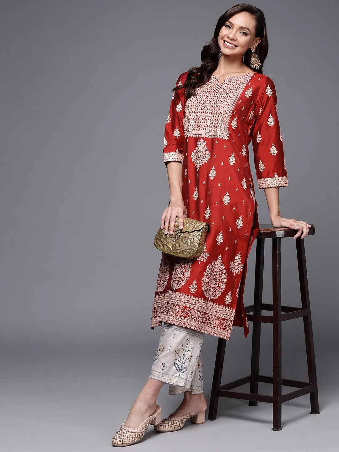 Red Printed Silk Straight Kurta - Libas