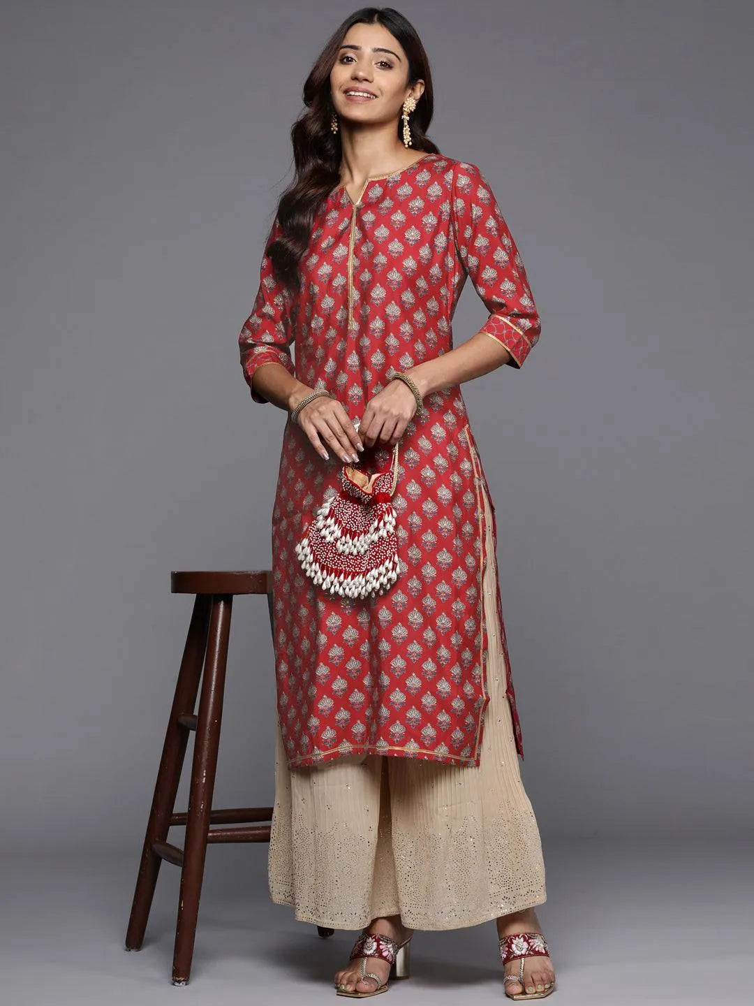 Red Printed Silk Straight Kurta - Libas