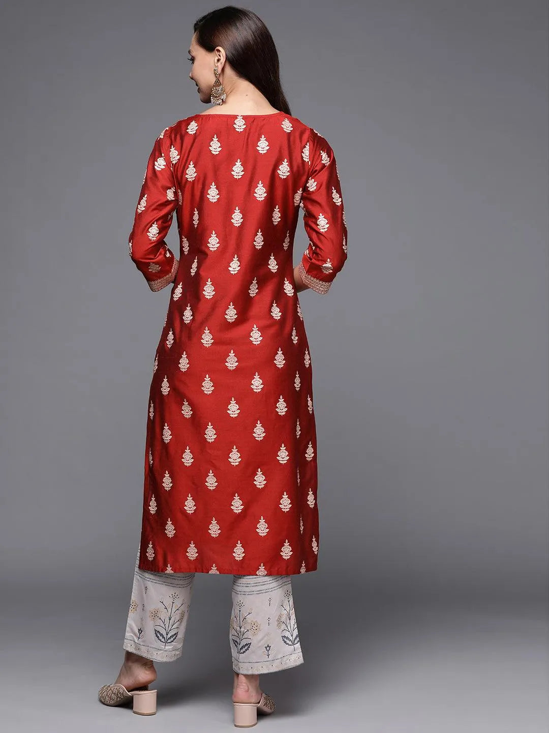 Red Printed Silk Straight Kurta - Libas