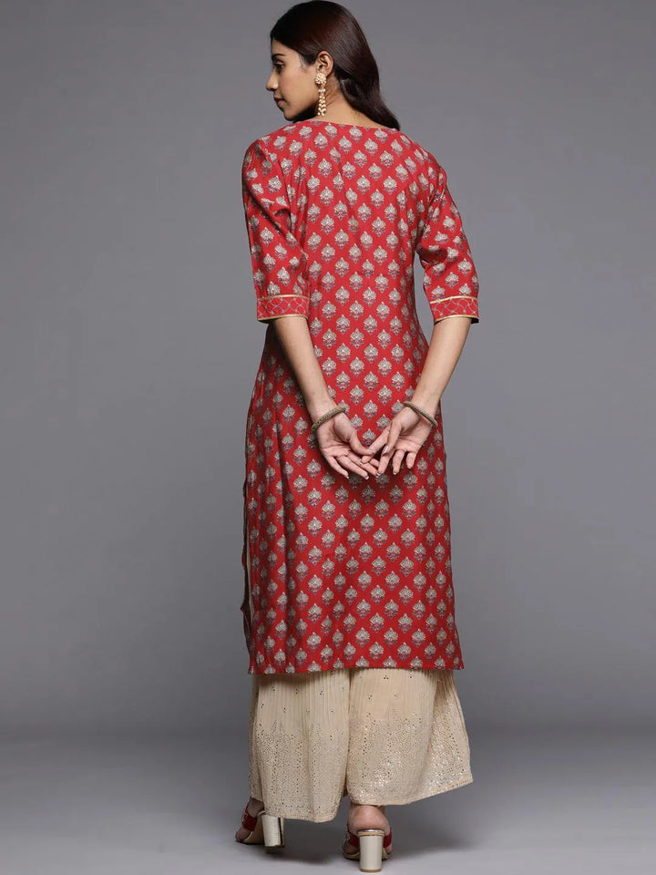 Red Printed Silk Straight Kurta - Libas