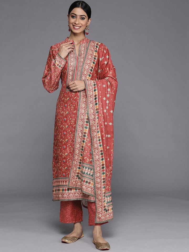 Red Printed Velvet Straight Suit Set With Trousers - Libas