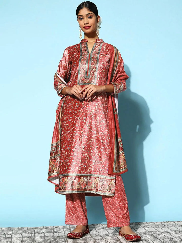 Red Printed Velvet Straight Suit Set - Libas