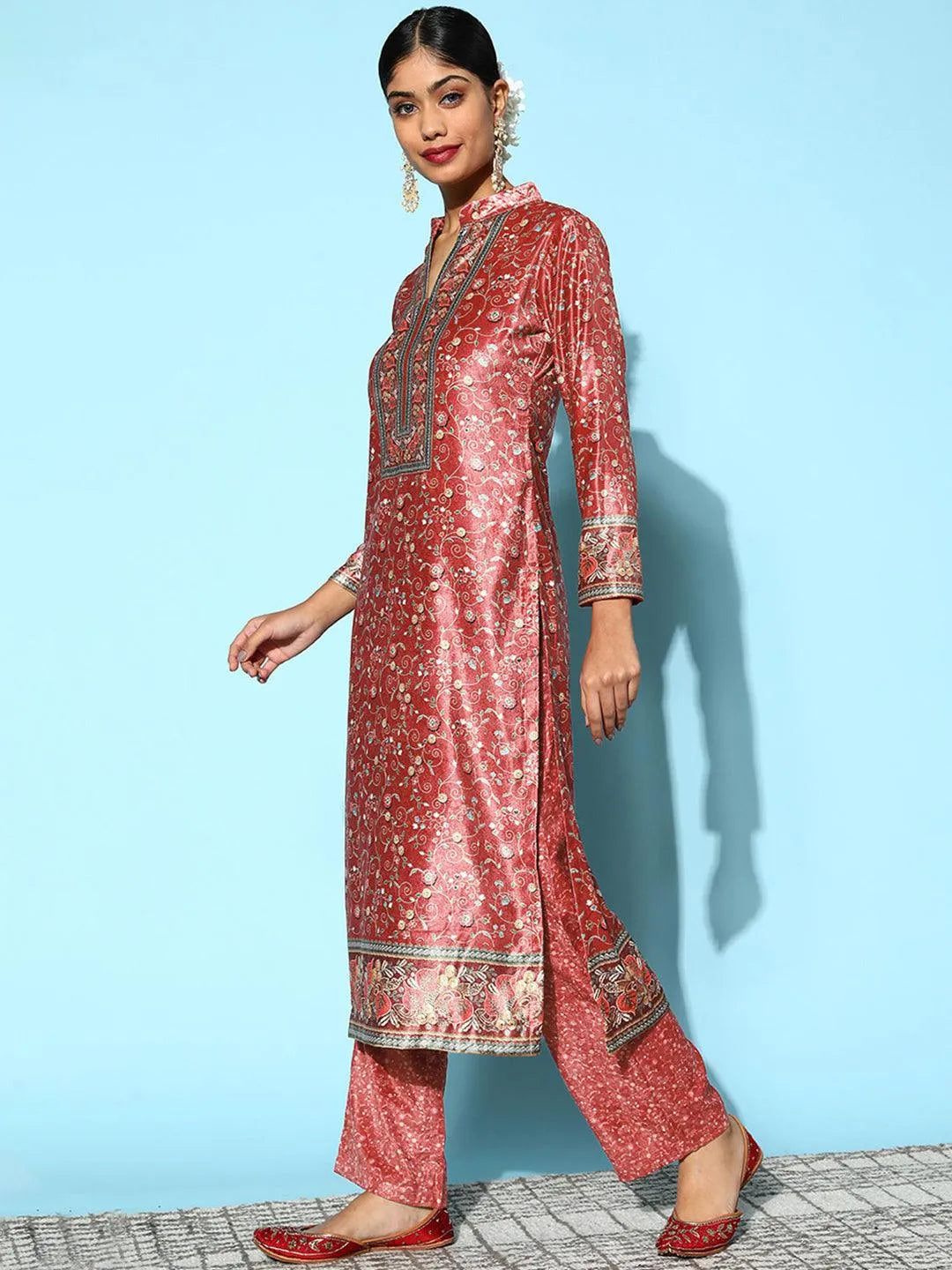 Red Printed Velvet Straight Suit Set - Libas 