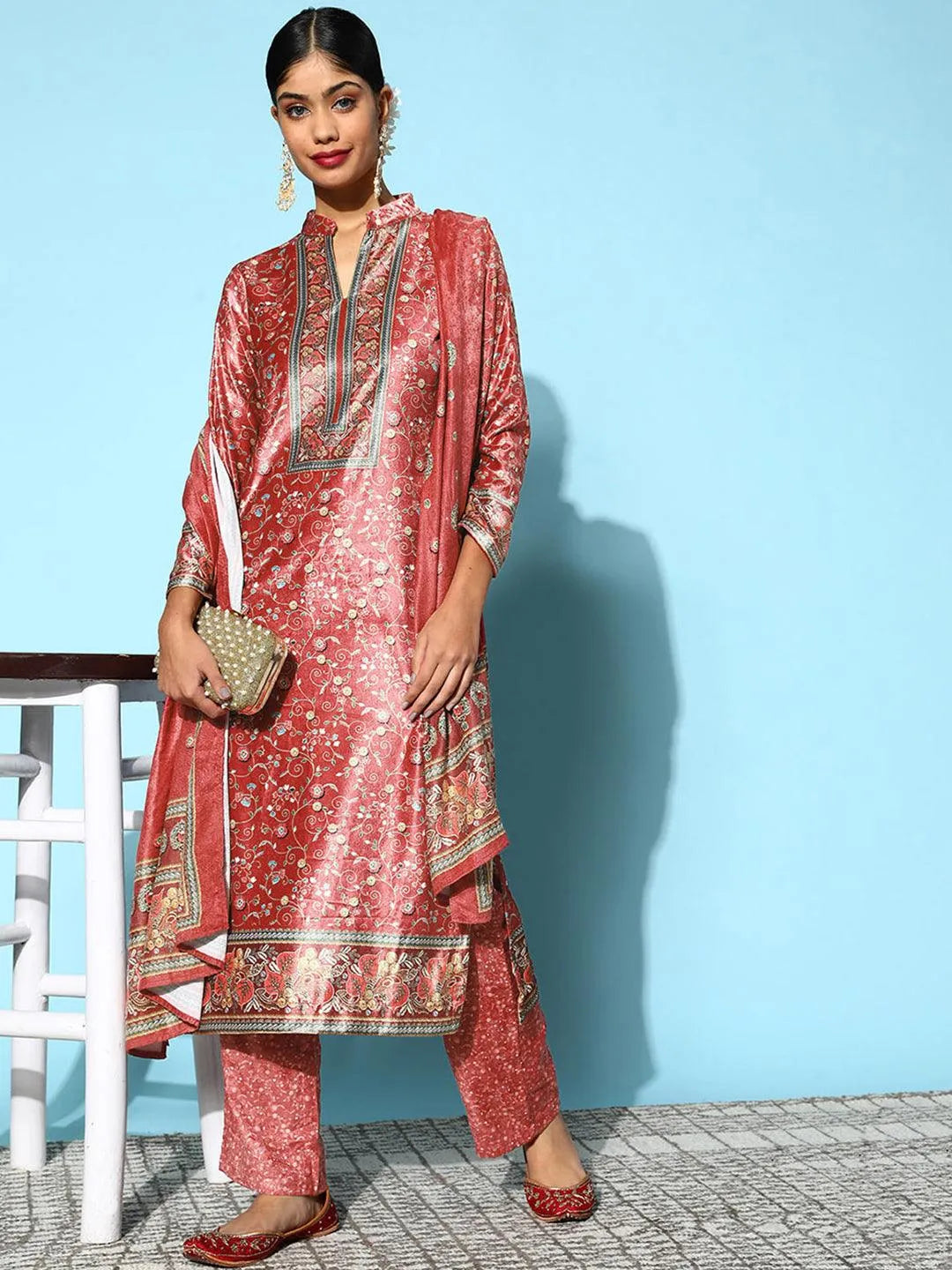 Red Printed Velvet Straight Suit Set - Libas 