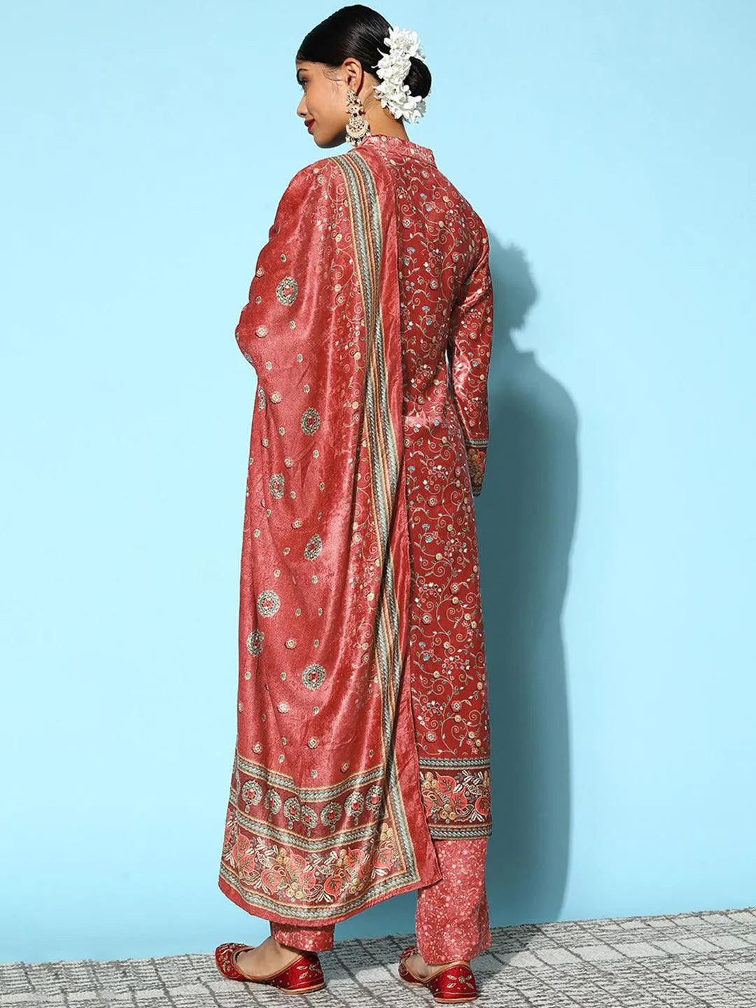 Red Printed Velvet Straight Suit Set - Libas 