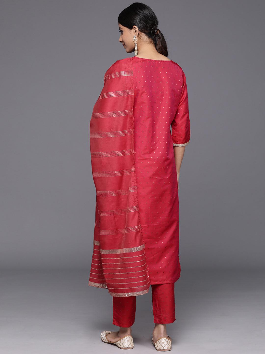 Red Self Design Art Silk Straight Kurta With Trousers & Dupatta