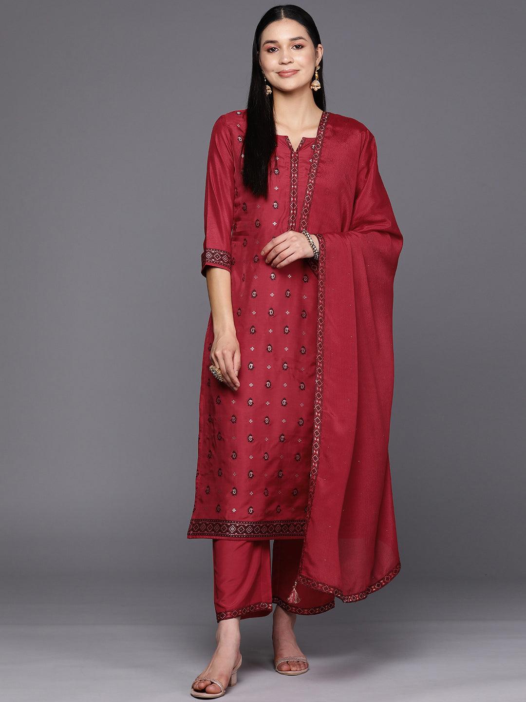 Red Self Design Silk Blend Straight Suit Set With Trousers - Libas