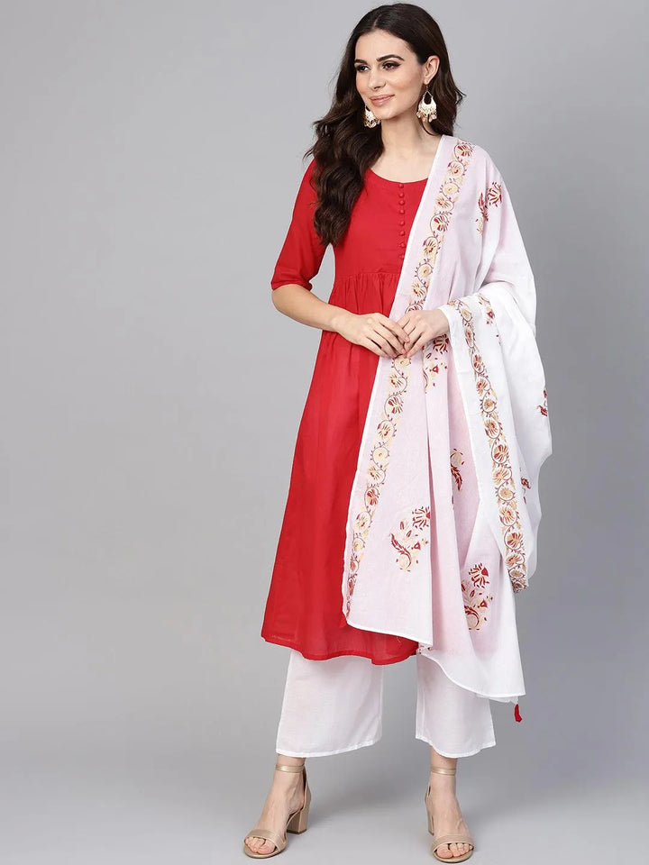 Red Solid Cotton Suit Set - Libas