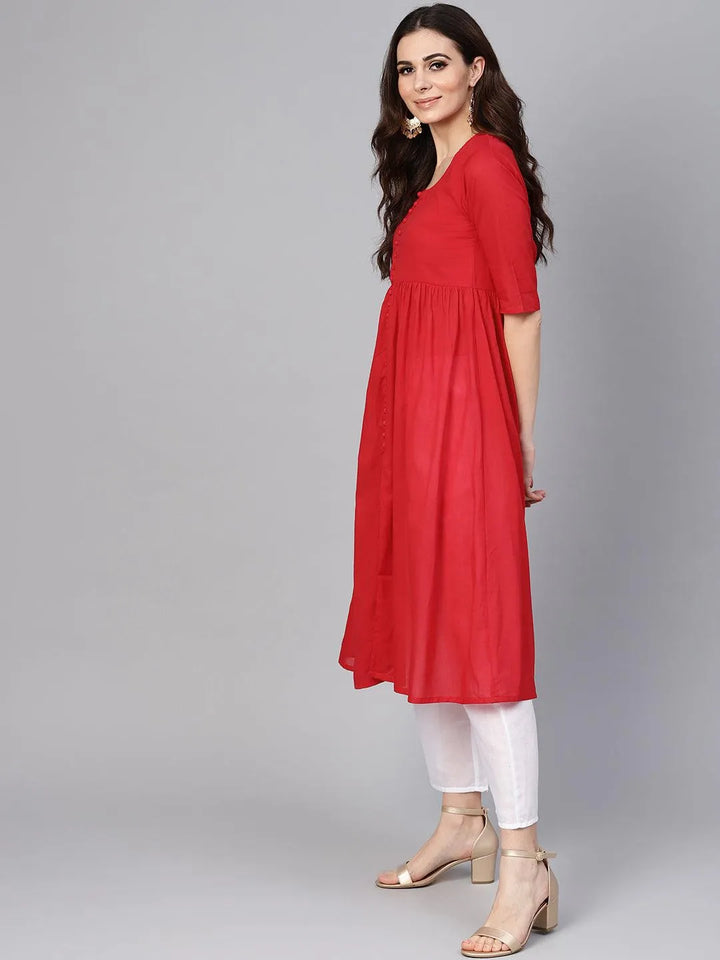 Red Solid Cotton Suit Set - Libas