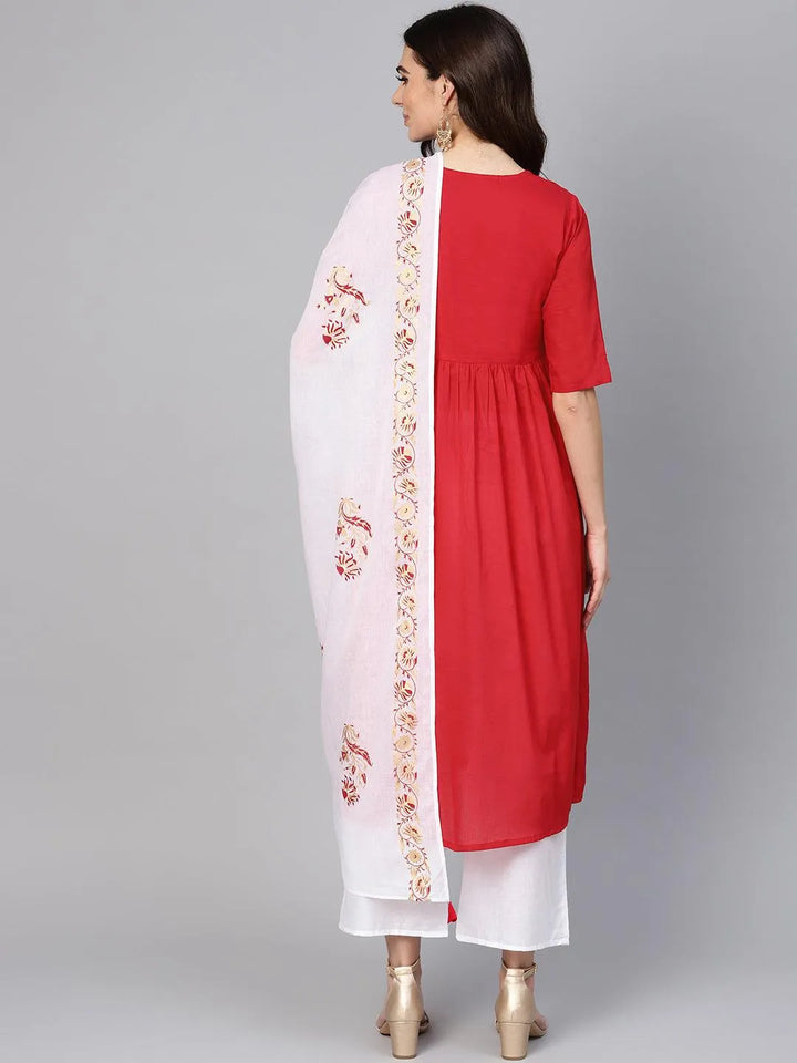 Red Solid Cotton Suit Set - Libas