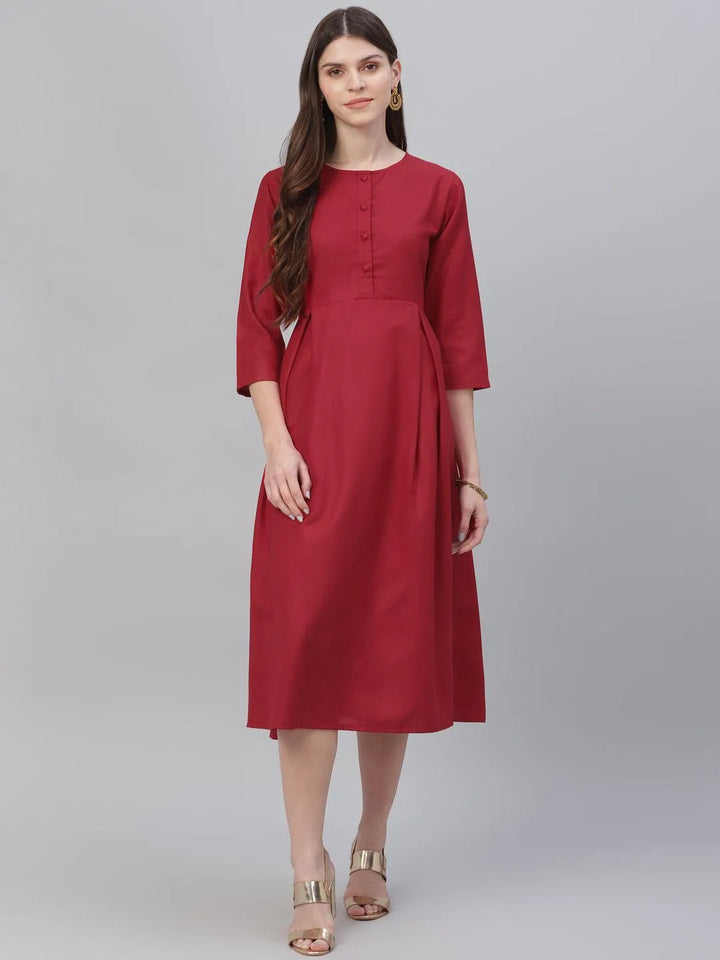 Red Solid Cotton Dress - Libas