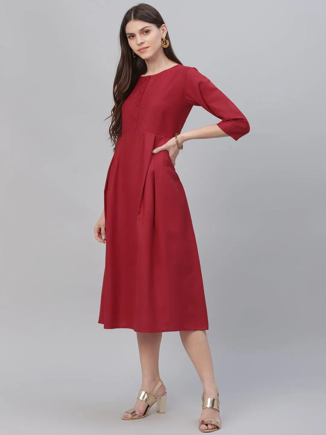 Red Solid Cotton Dress - Libas 