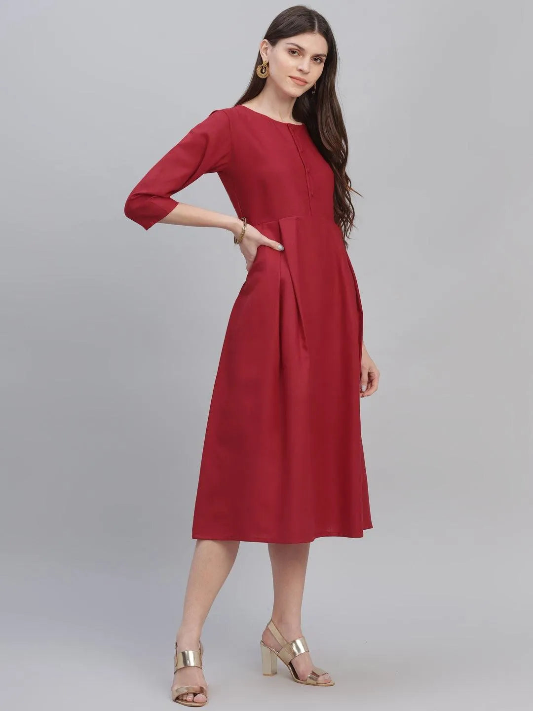 Red Solid Cotton Dress - Libas 