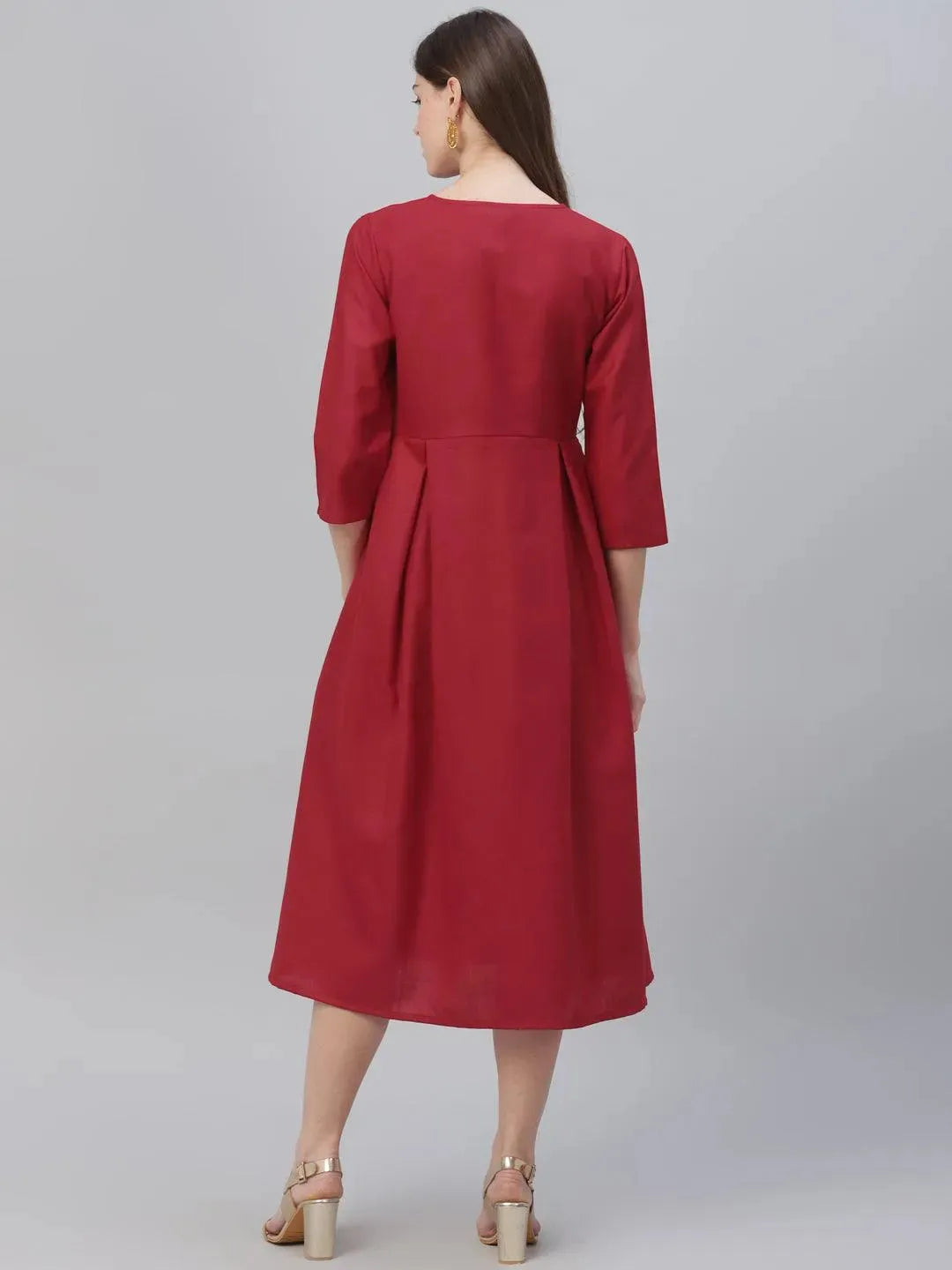 Red Solid Cotton Dress - Libas 