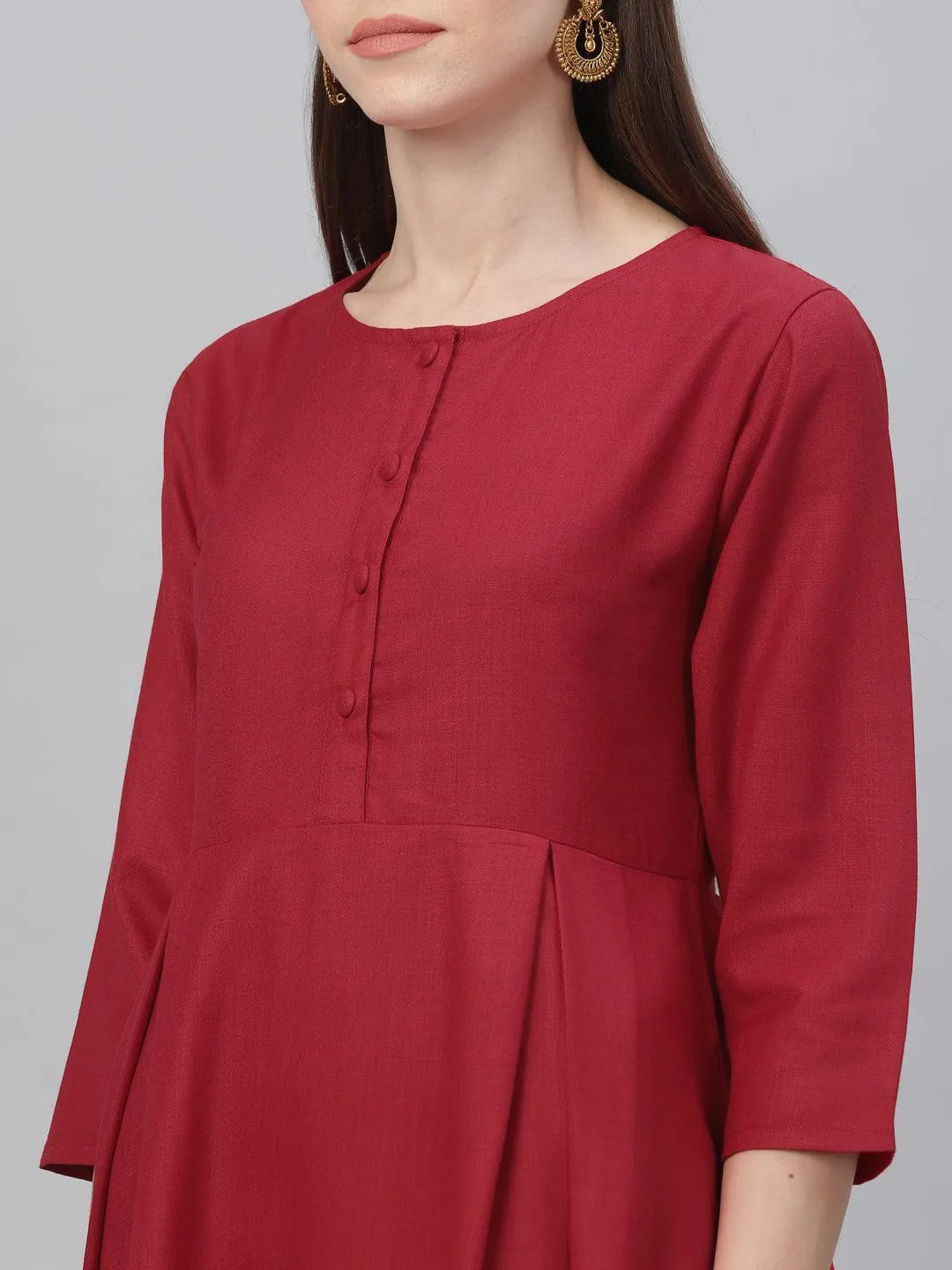 Red Solid Cotton Dress - Libas 