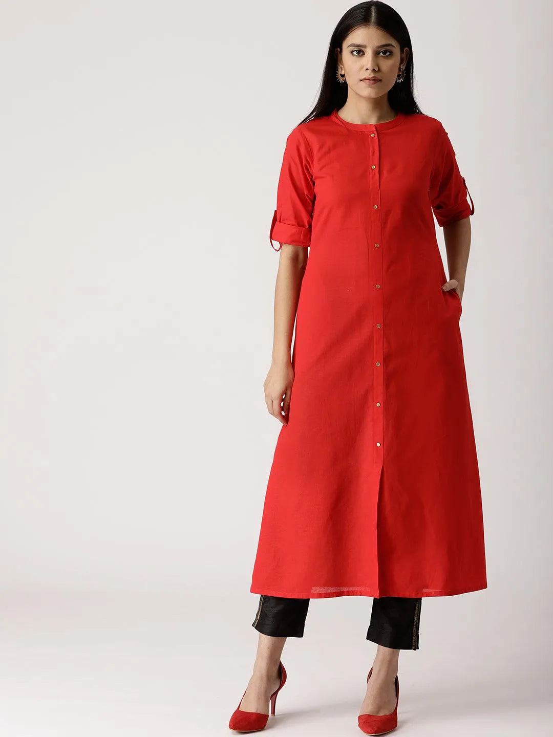 Red Solid Cotton Kurta - Libas