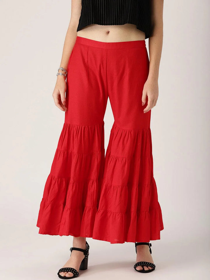 Red Solid Cotton Palazzos - Libas